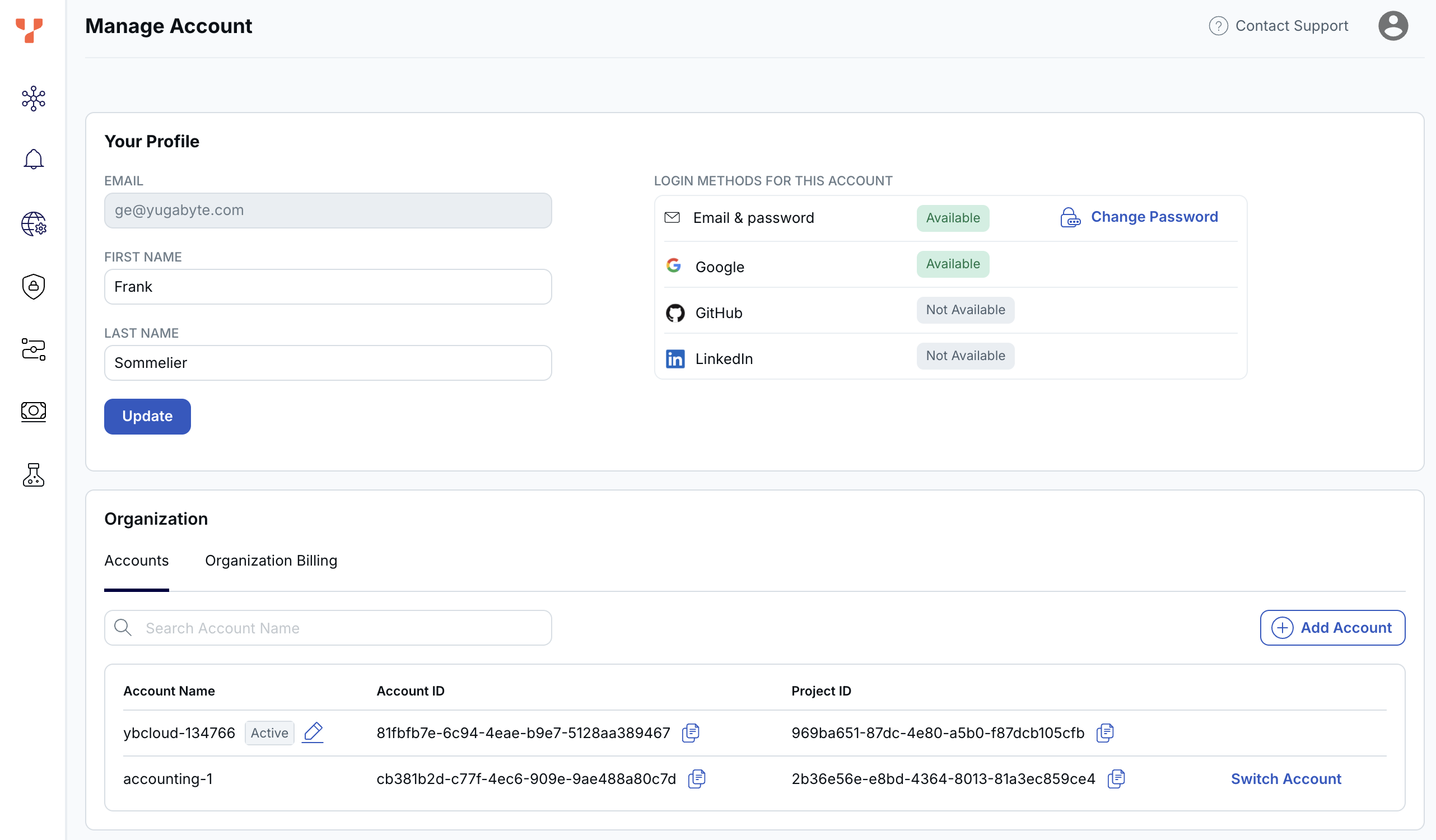 Accounts page